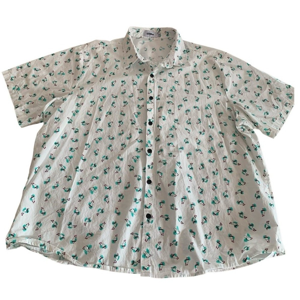 Vatpave Button Down Shirt XL White‎ Parrot Print Cotton Short Sleeve Tropical